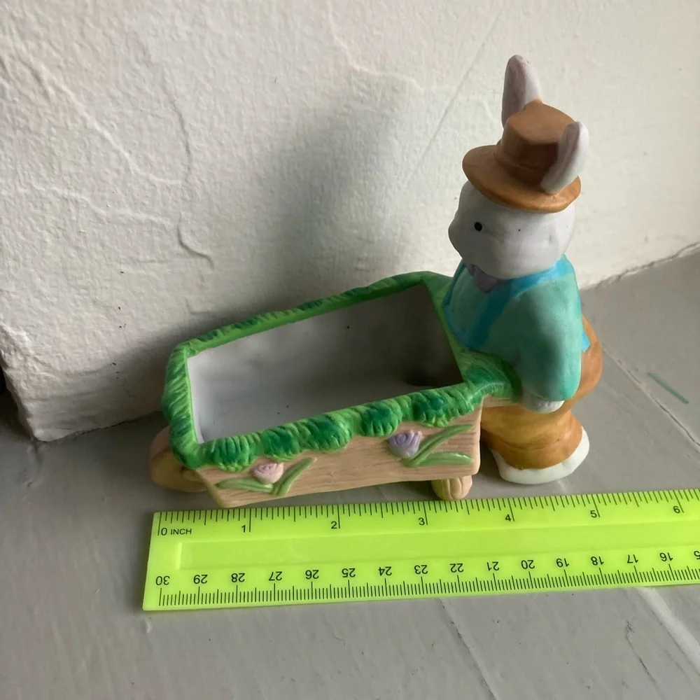 Ceramic Easter Bunny Rabbit Pushing Wheelbarrow
